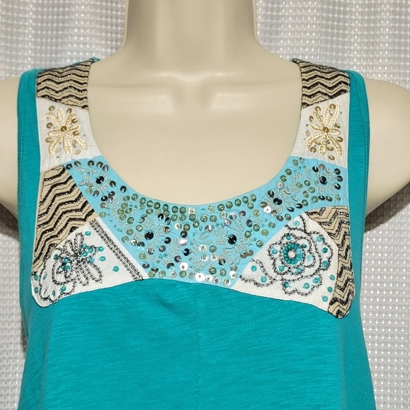 Style & co.  Beads, Sequins & Embroidered Turquoise Cotton Top (L) - Picture 3 of 9